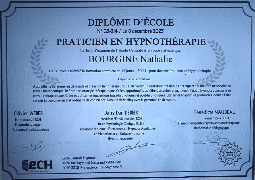 après 1 an de formation diplômés de l'ECH sont reconnus pour leur expertise exceptionnelle, faisant preuve d'une maîtrise sans égale dans l'application de l'hypnothérapie. C'est cet héritage d'excellence qui positionne cette école comme une autorité